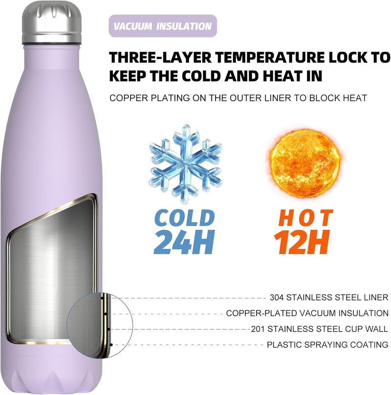 WATERSY Stainless Steel water bottles,17oz/500ml Insulated Water Bottles,Purple metal water bottle Keeps Drink Cold and Hot,BPA Free kids water bottles for School,Gym,Travel,Sports - Image 2